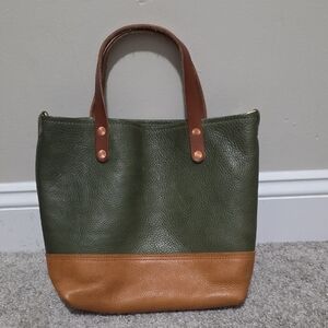 KMM & Co Leather Italian Green and Tan Mini Panel Tote Colorblock